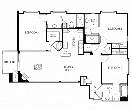 Floor plan for 3 beds, 3 baths, 1311 sqft
